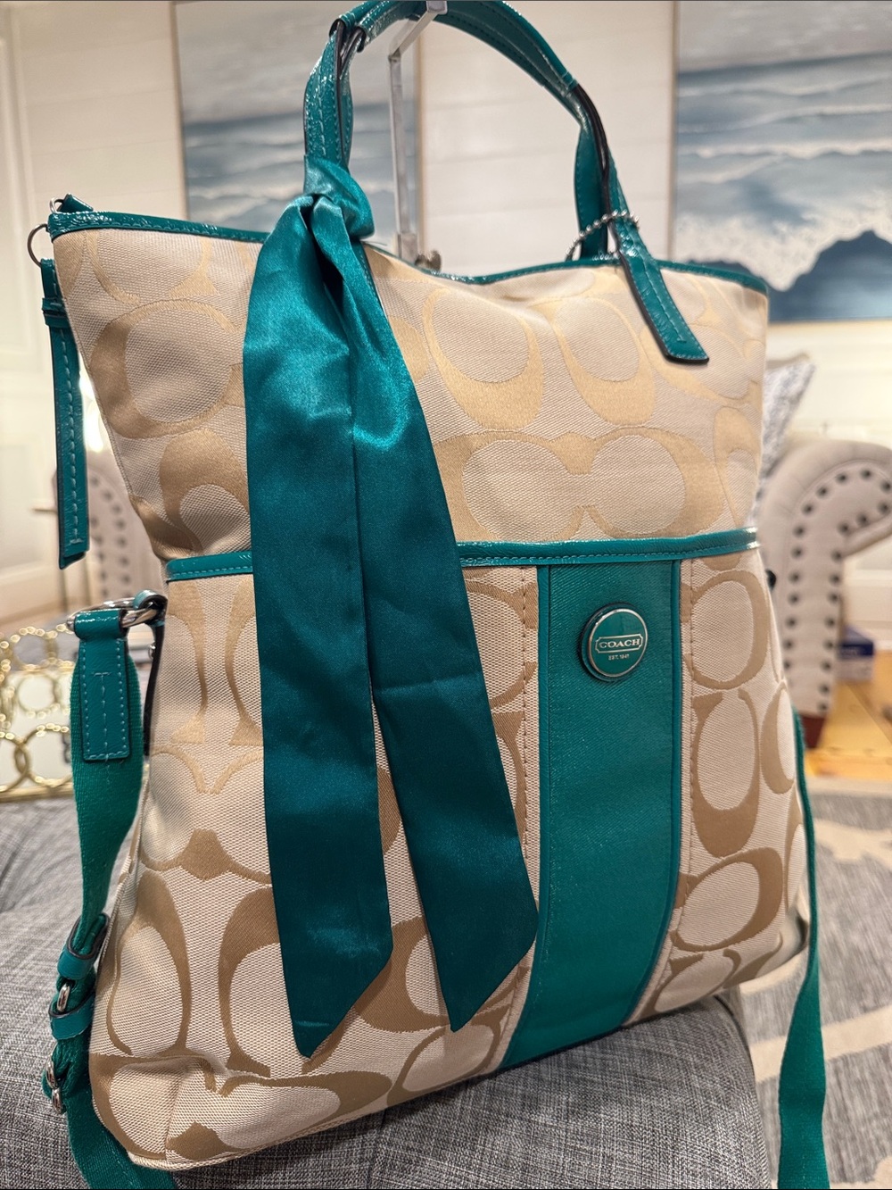 Coach Bag Oversized Signature Green Tan Stripe Foldover Tote EUC RARE - Picture 9 of 17